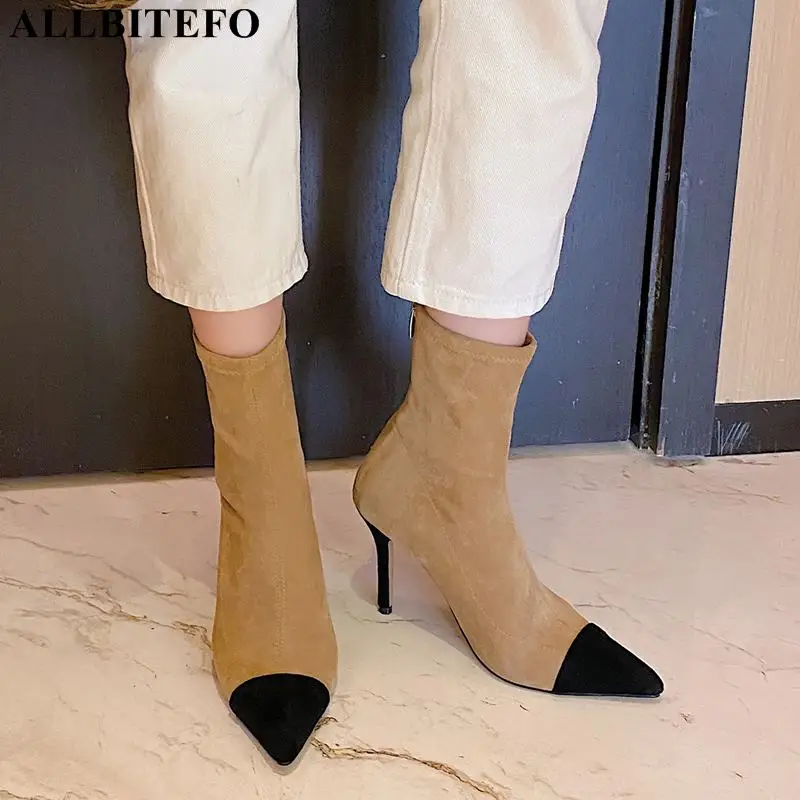 

ALLBITEFO/женские туфли; Большие размеры 33-43; Соблазнительные туфли из флока на высоком каблуке; Вечерние Женские ботинки на тонком каблуке; Боти...