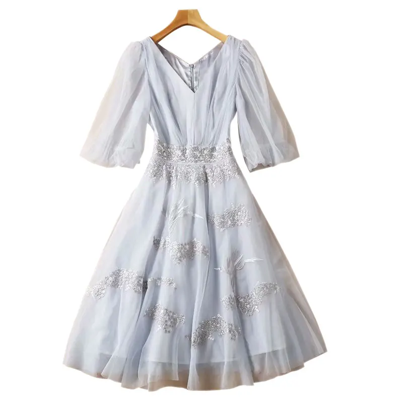 

Женское Сетчатое платье до колен с V-образным вырезом и рукавами-фонариками