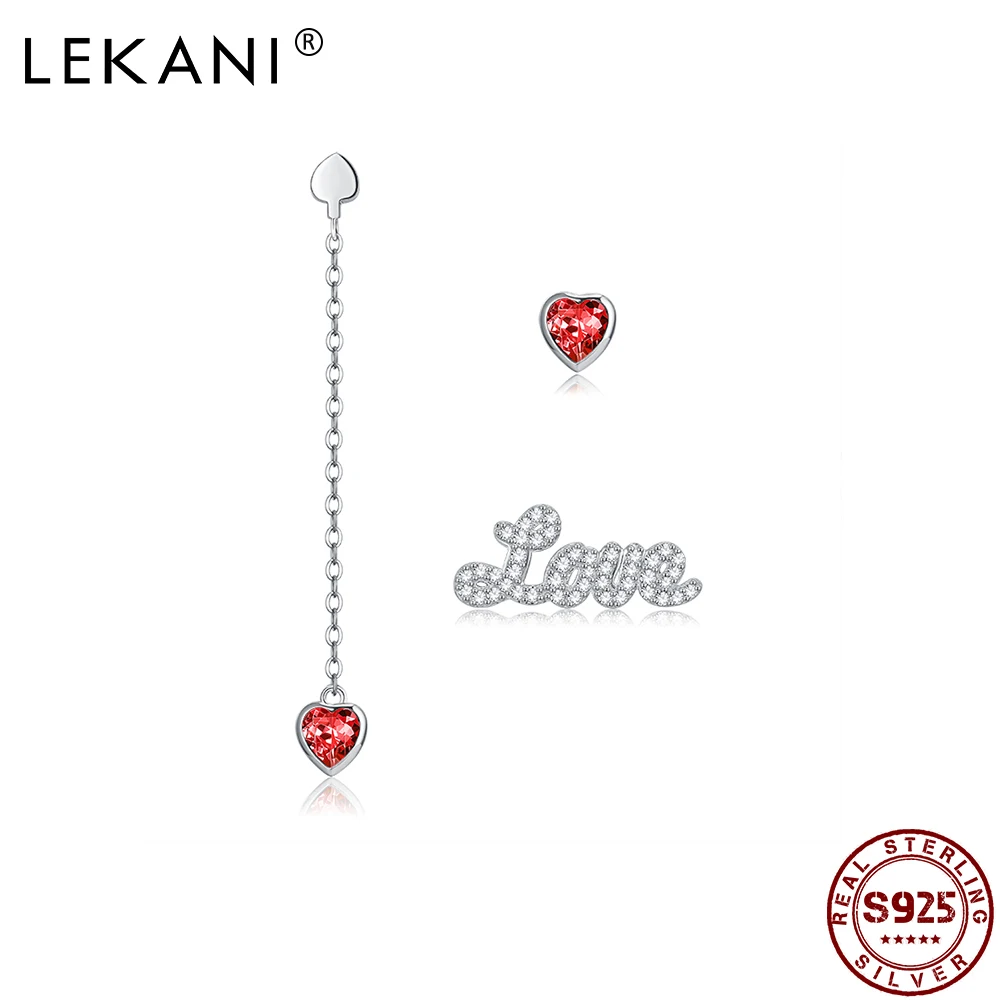 

LEKANI Sterling Silver 925 Jewelry Asymmetry Letter LOVE Heart Earrings Red Austria Crystal Stud Earring For Women Party Gift