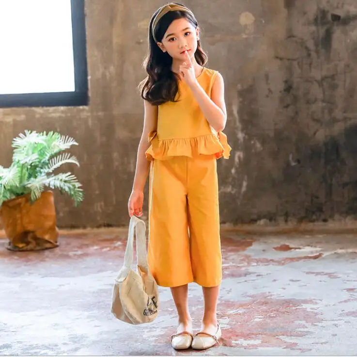 Комплект для девочек подростков Однотонная футболка с оборками и брюки широкими