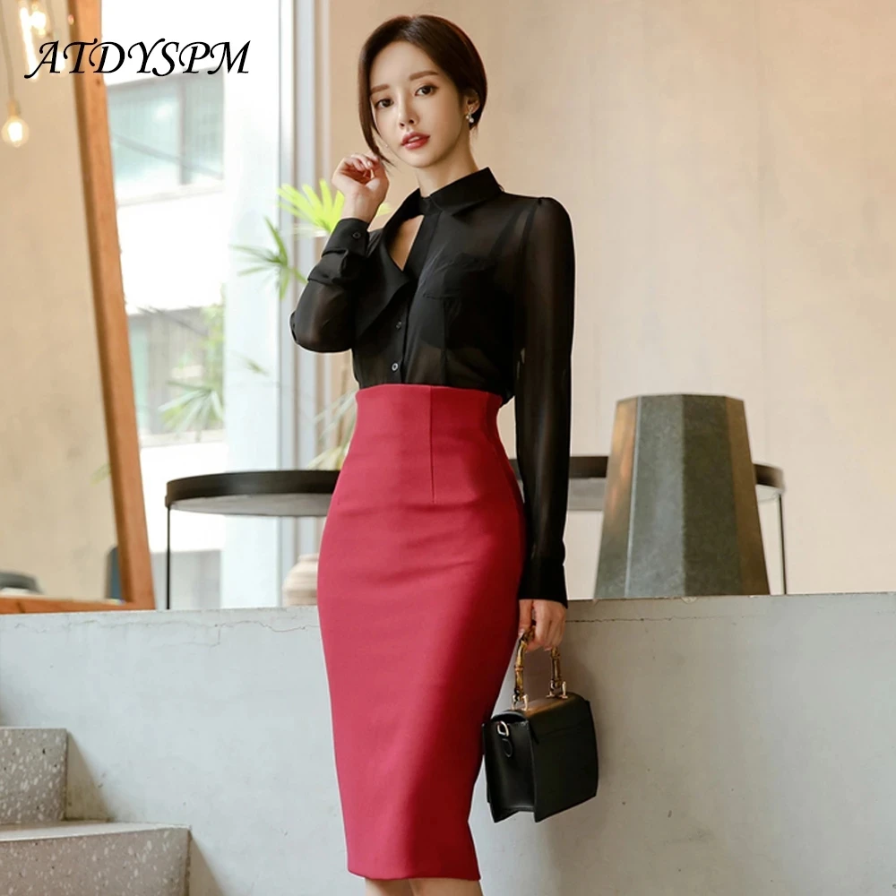 

Women's Elegant Sexy Suit Sets Black Long Sleeve See-Through Chiffon Shirt + Fashion Wine Pencil Skirt Female Korean Style Suits