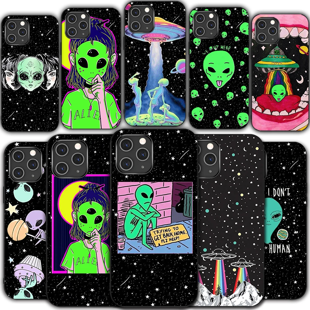 

Aesthetics Cute Cartoon alien space phone case For iPhone 13 12 mini 11 pro xs max X XR 5 6 7 8 plus tpu black soft