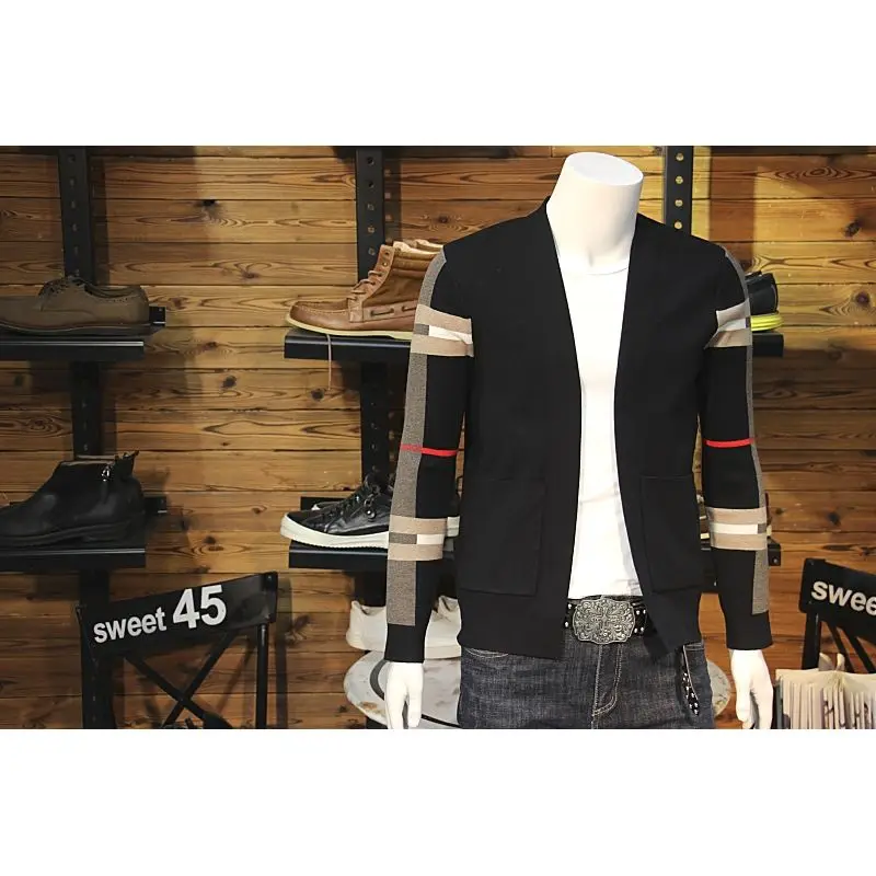 

Men's sweater 2020 Autumn men's plaid sleeve stitching cardigan slim casual youth fashion coat cardigan
