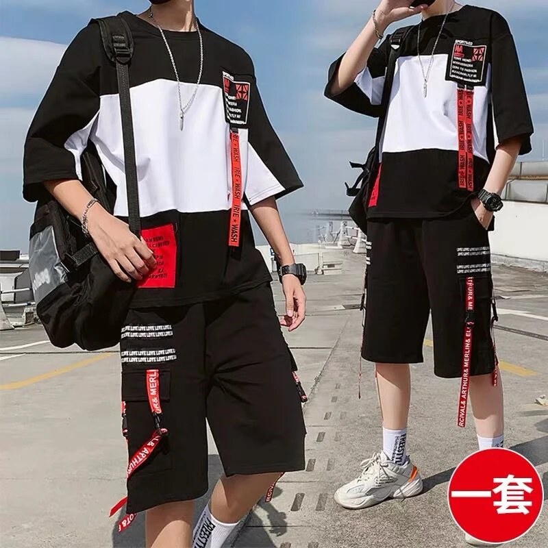 

streetwear 2pcs set men Short-sleeved Shorts Two-piece Suit Male Summer Student Youth Hip Hop Sports Style Of All Matching