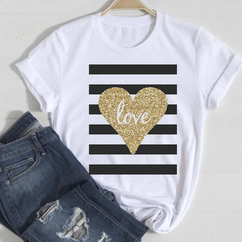 

Female Cute Short Sleeve Tee Shirts Fashion Women T-shirt Women T Shirt New Geometric Graphic T Shirt Golden Love Printed Tops