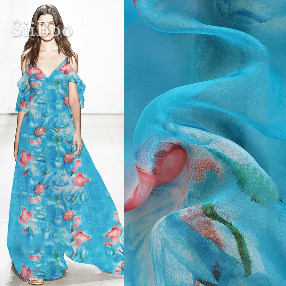 Шифоновая ткань Siiboo из натурального шелка с бабочкой и цветочным принтом мягкое