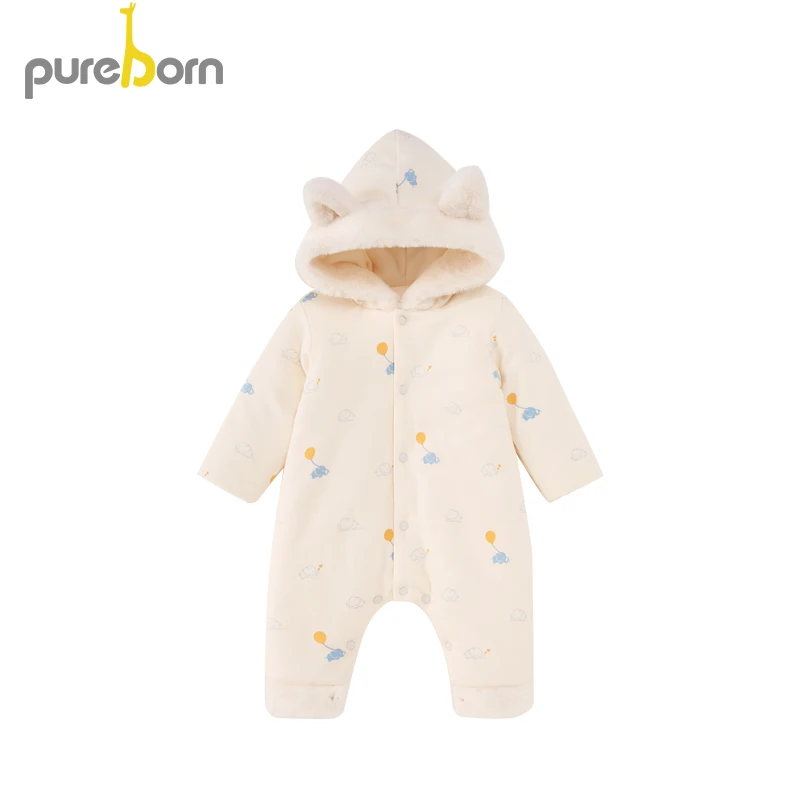 beige elephant Pureborn комбинезон для младенцев мальчиков девочек Комбинезон утепленный с капюшоном флис полиэстер длинный рукав мультфильм лиса без ног одежда зимняя одежда - Цвет: beige elephant