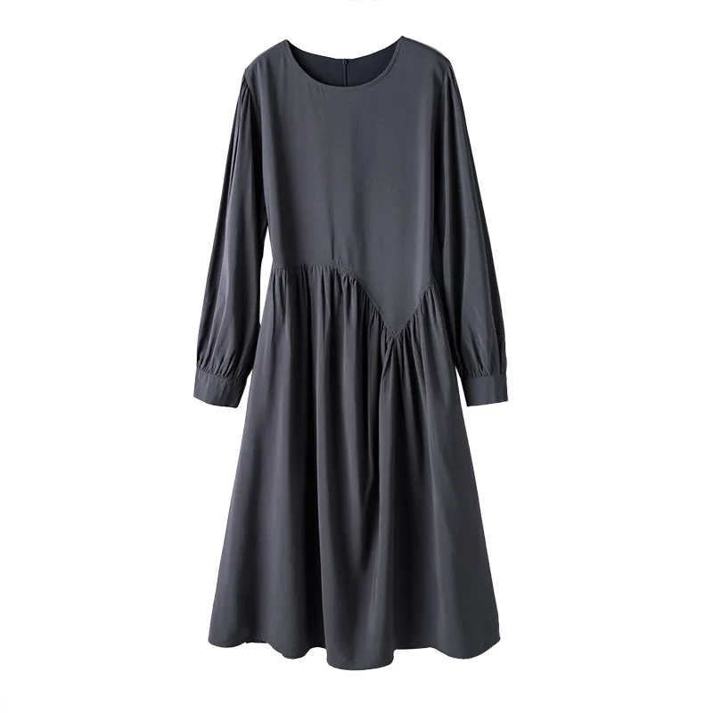 

Spring Summer Fashion Office Lady Korea Version Round Lantern Sleeve Elegant Simple Slim Asymmetric Pleated Dress Women Clothing
