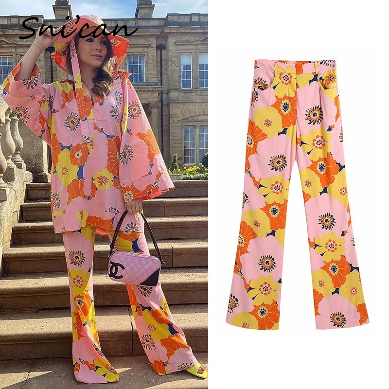 

Pink Flower Print Hawaii Pants Casual Holiday Female Long Trousers Za Woman 2021 Pantalon Pour Femme Satin Harajuku Bottom New