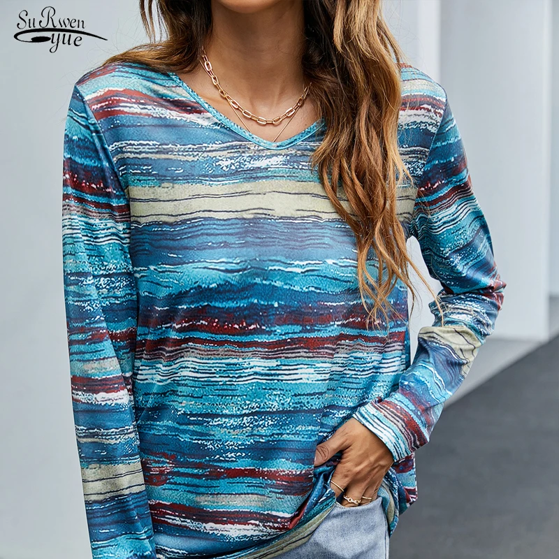 

Осенняя женская синяя рубашка с круглым вырезом, элегантные топы, художественная футболка с длинным рукавом, повседневная одежда, Офисная Ж...