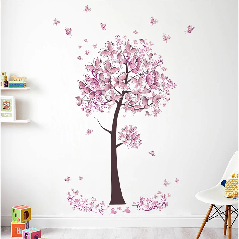 Настенные виниловые наклейки с розовыми бабочками цветами и деревьями | Дом сад