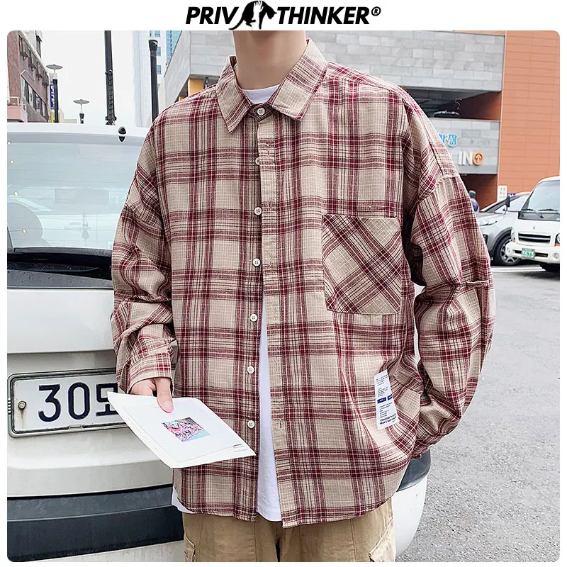 Privathinker 2020 мужские клетчатые хлопковые свободные рубашки Мужская Осенняя Harajuku