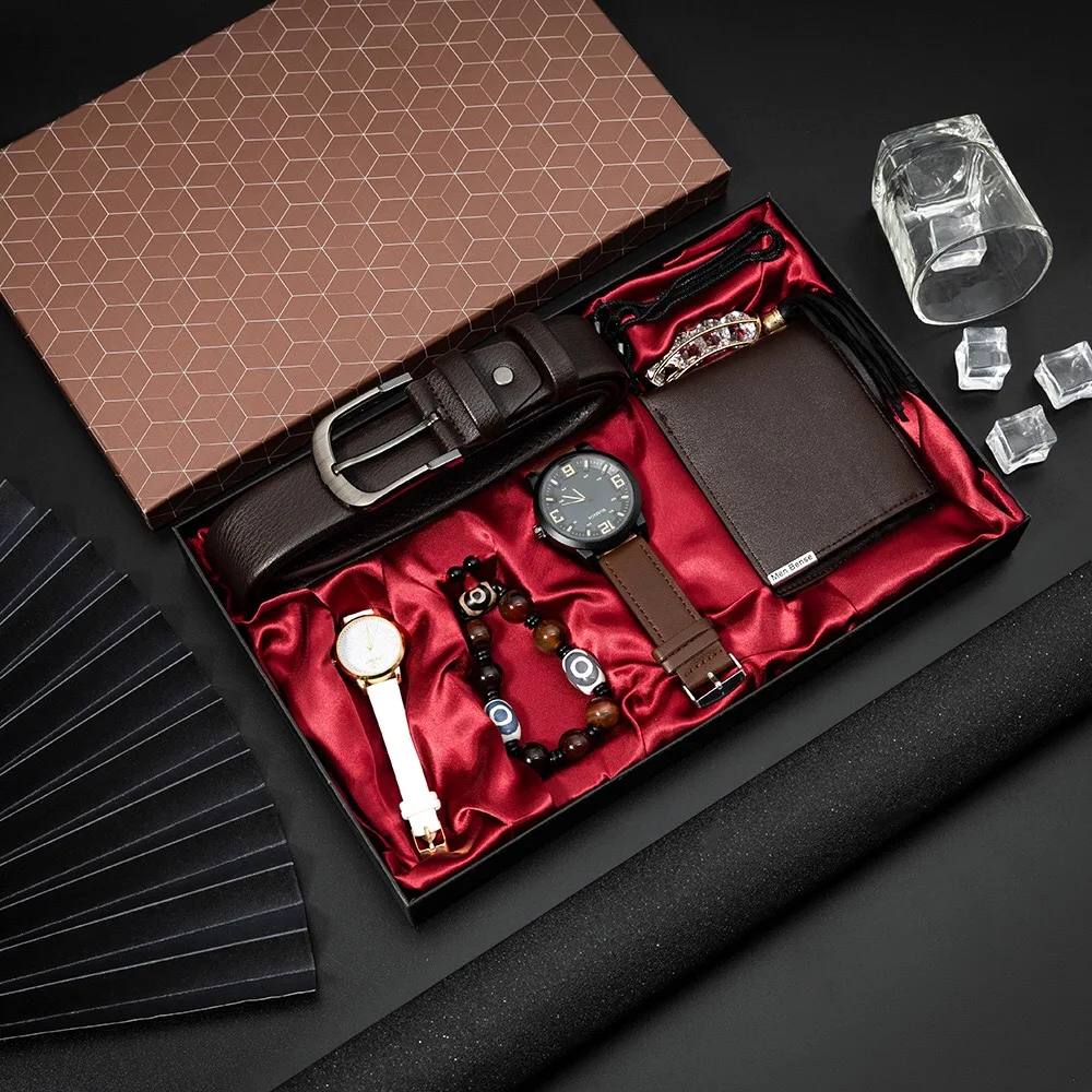 Couple Watches Set Men Women Fashion Quartz Watch Gift for Lover's High Quality Belt Wallet Beaded Bracelet Ladies Sweater Chain