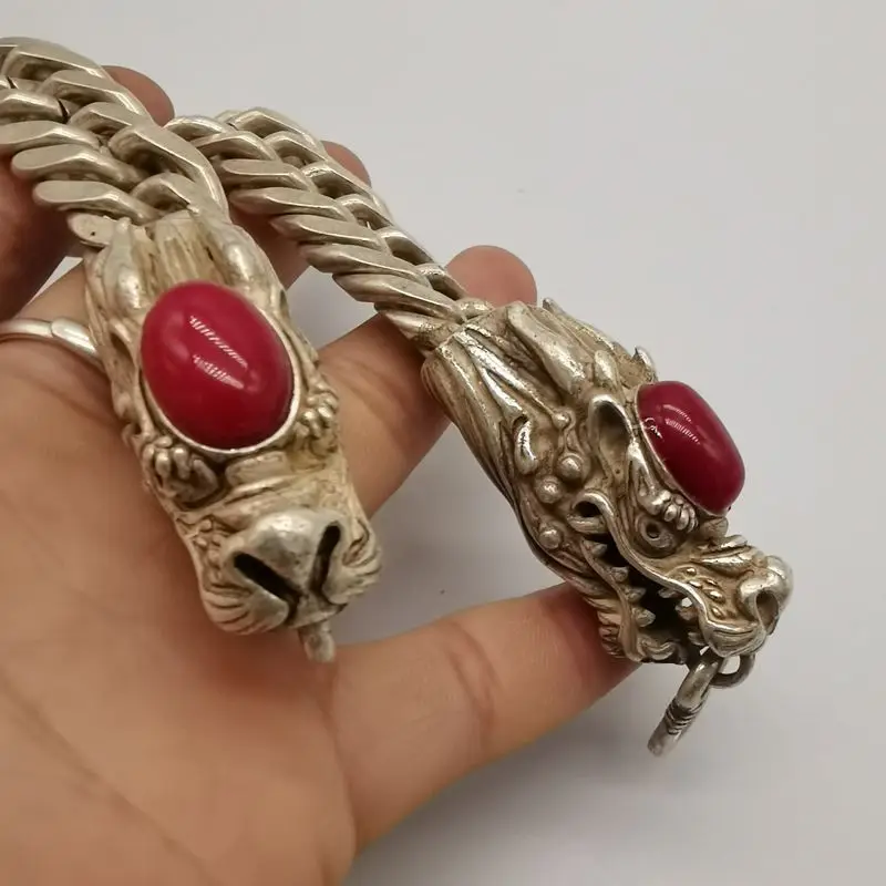 Античный красный нефритовый двойной дракон тибетский серебряный браслет |