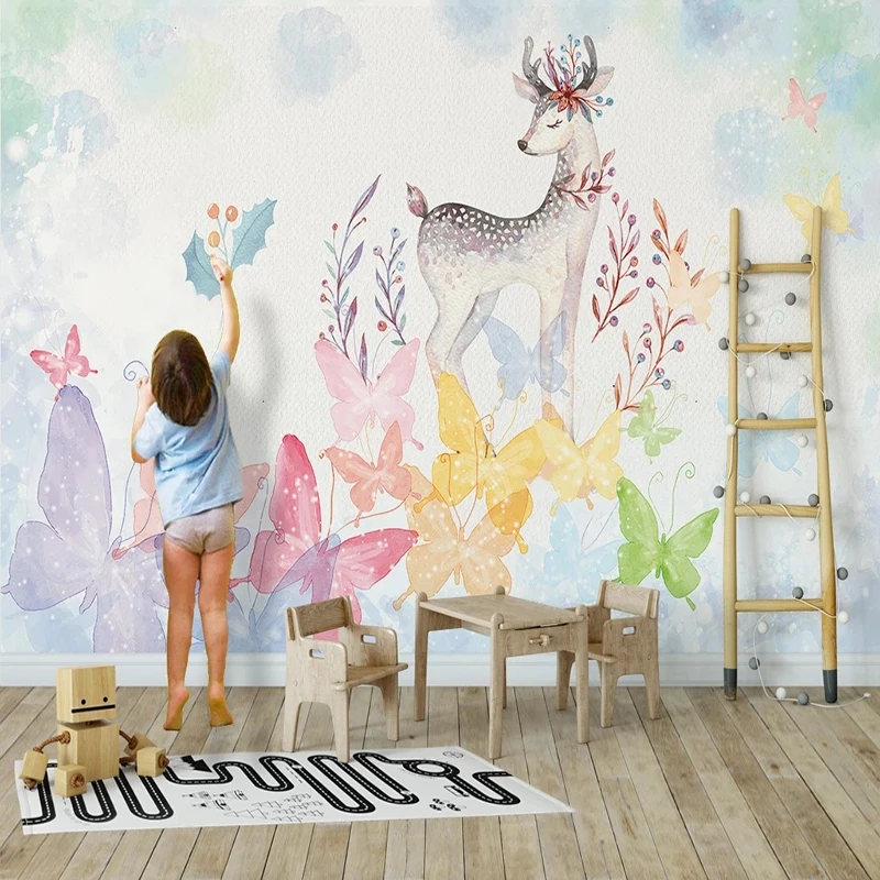 

Custom Photo Wallpaper European Style Hand Painted Pastoral Cartoon Elk Butterfly Mural TV Background Decor Wall Papel De Parede