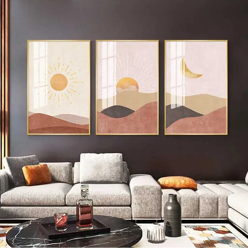 Modern Abstract Moon Sun Decoration 3D Wall Art Living Room Print Crystal Porcelain Glass Painting with Golden Aluminum Frame