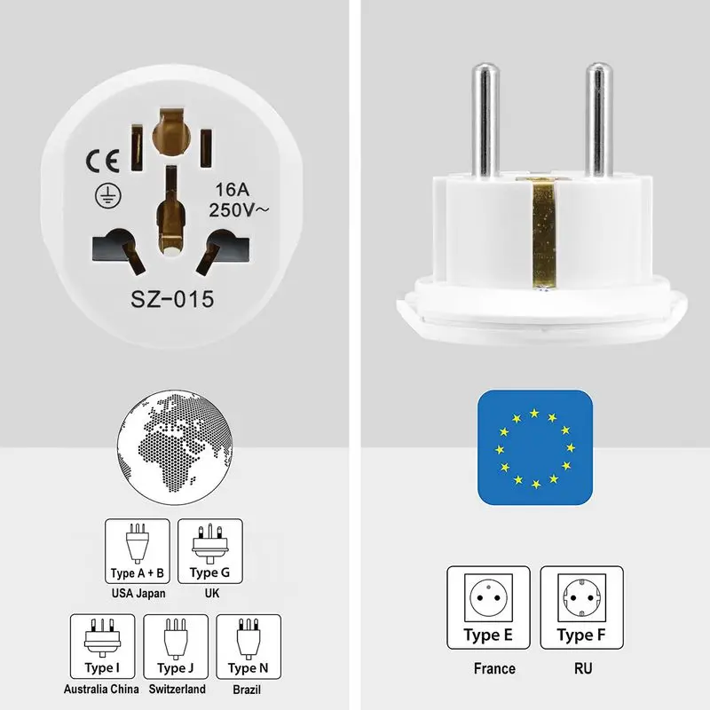 

Universal EU Plug Converter EU Adapter 2 Round Pin Socket AU US UK CN To EU Wall Socket AC 16A 250V Travel Adapter High Quality