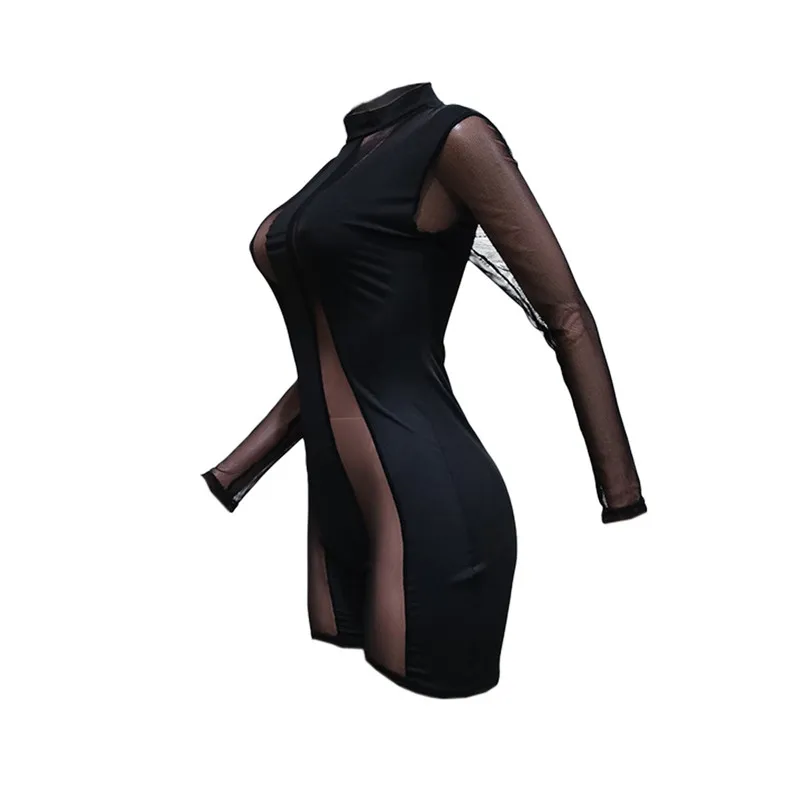 

Women Sexy Playsuits Long Sleeve Mesh See-through Bodycon Rompers Women Turtleneck Streetwear Party Clubwear Slim Playsuits