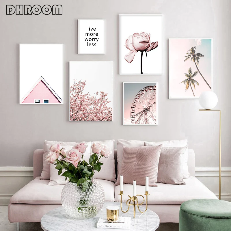 

Pink Peony Wall Art Canvas Ferris Wheel Poster Palm Trees Landscape Print Painting Nordic Decoration Picture Living Room Decor