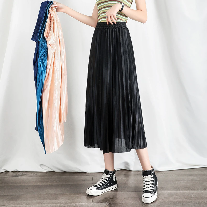 

Chiffon Pleated Skirt Women Korean Fashion High Waist Long Skirts Spring Summer Chic A Line Solid Pink Female Clothing Vintage
