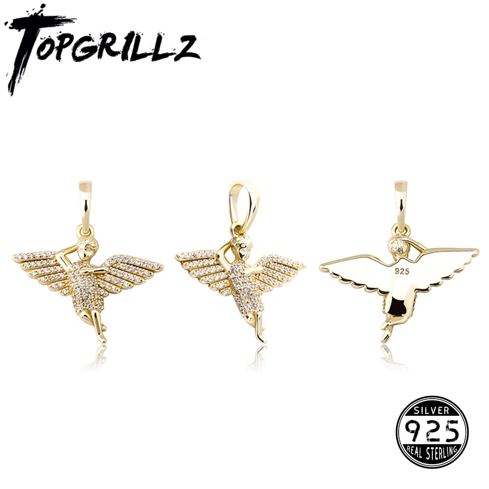 

TOPGRILLZ 925 Sterling Silver Cherub Angel Wings Spread Pendant CZ Micro Pave Pendant In White/Yellow Gold Hip Hop Jewelry Gift