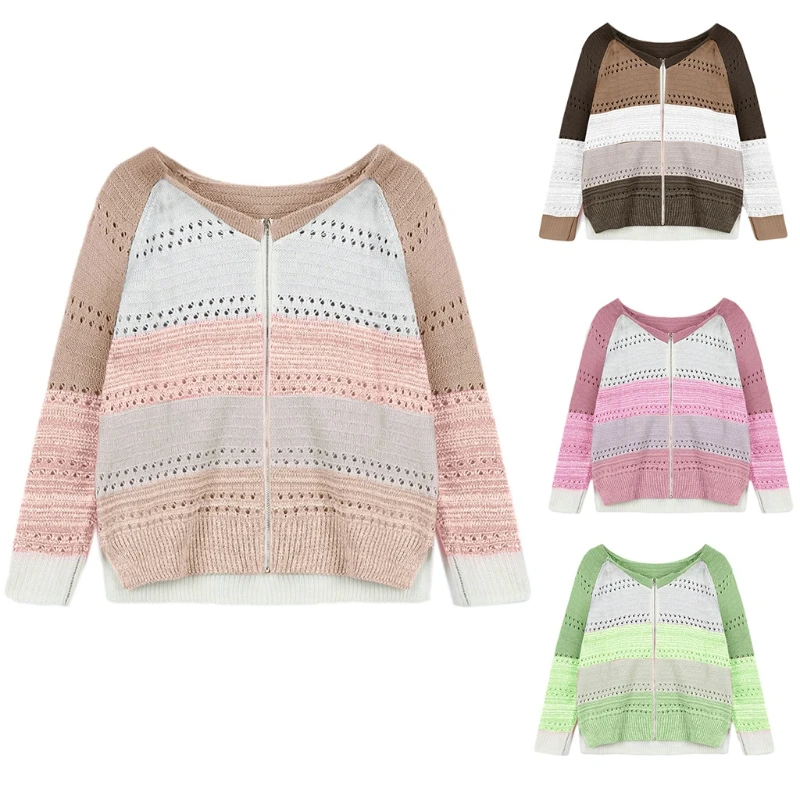 

Женские Свитер с длинными рукавами куртка на молнии с v-образной горловиной на шнуровке вязаный кардиган с ажурным узором куртка Цвет Блок Л...