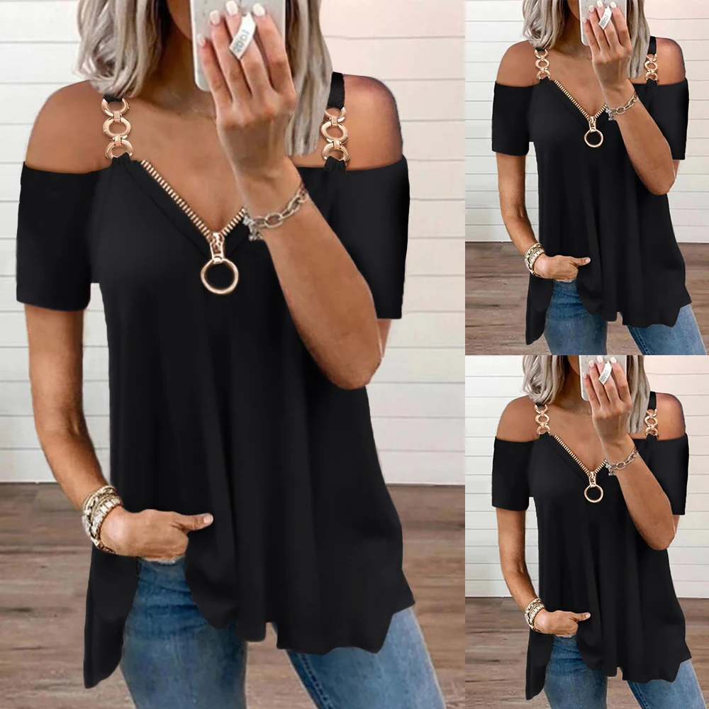 

Off Shoulder Zipper T-Shirt Blouse Short Sleeves Casual Blouse Chain Spaghetti Strap Black Office Work Wear Ol Female Tshirt D30
