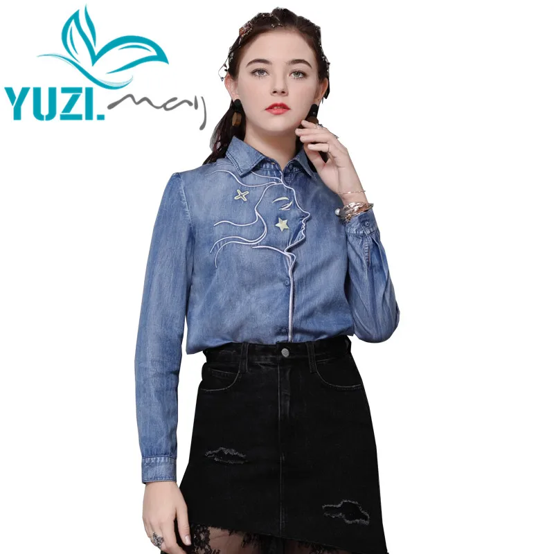 Blouse Women 2020 Yuzi.may Boho New Denim Shirt Turn-down Collar Vintage Embroidery Long Sleeve Blouses B9296 Blusas Femininas