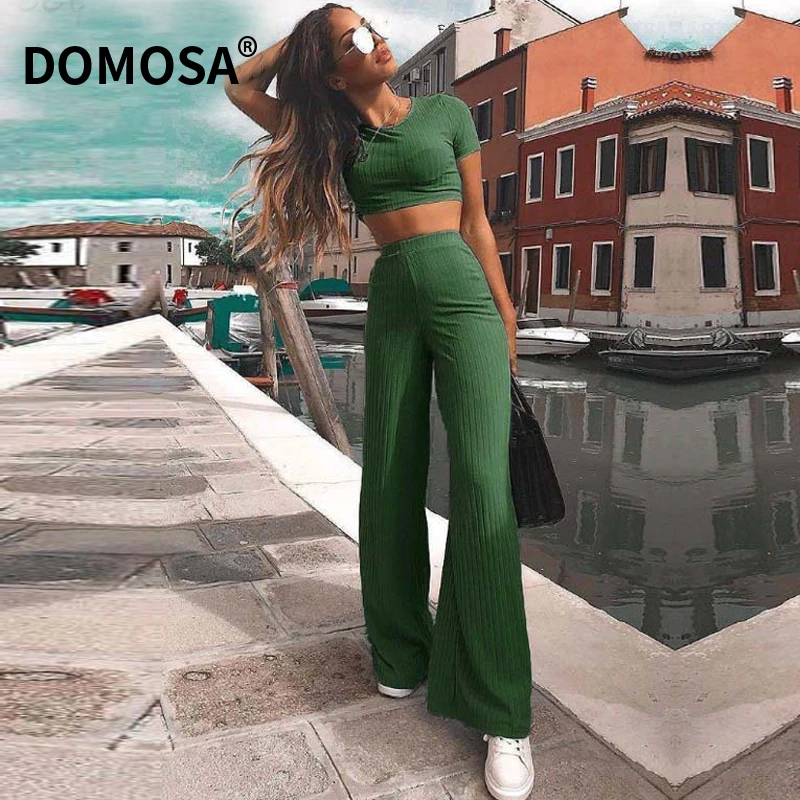 

Комплект из 2 предметов для женщин, укороченный топ с круглым вырезом и длинные брюки в рубчик, сексуальная одежда, спортивный костюм с корот...