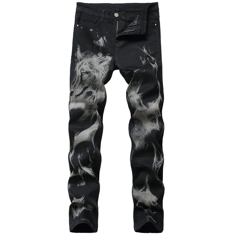 

New Fashion Mens Black Slim Fit Jeans Wolf Head Printed Skinny Denim Trousers Hip Hop Men Jean Punk Pants Spodnie Jeansowe Homme