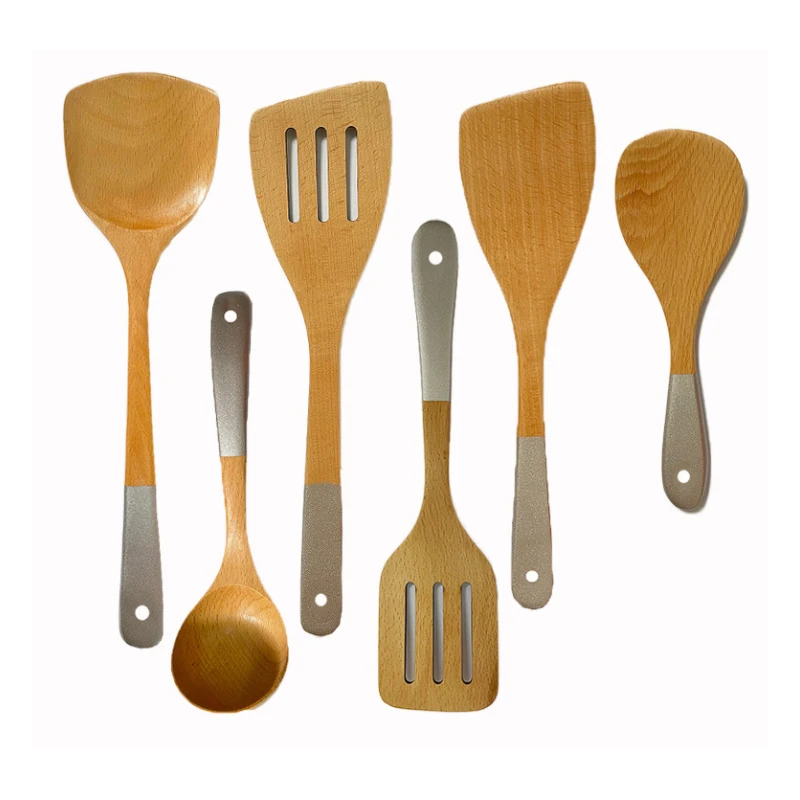 

6Pcs Wooden Kitchen Utensils No Paint Non-Stick Pot Solid Wood Shovel Set Pure Natural Teak Solid Wood long Handle Shovel Tool