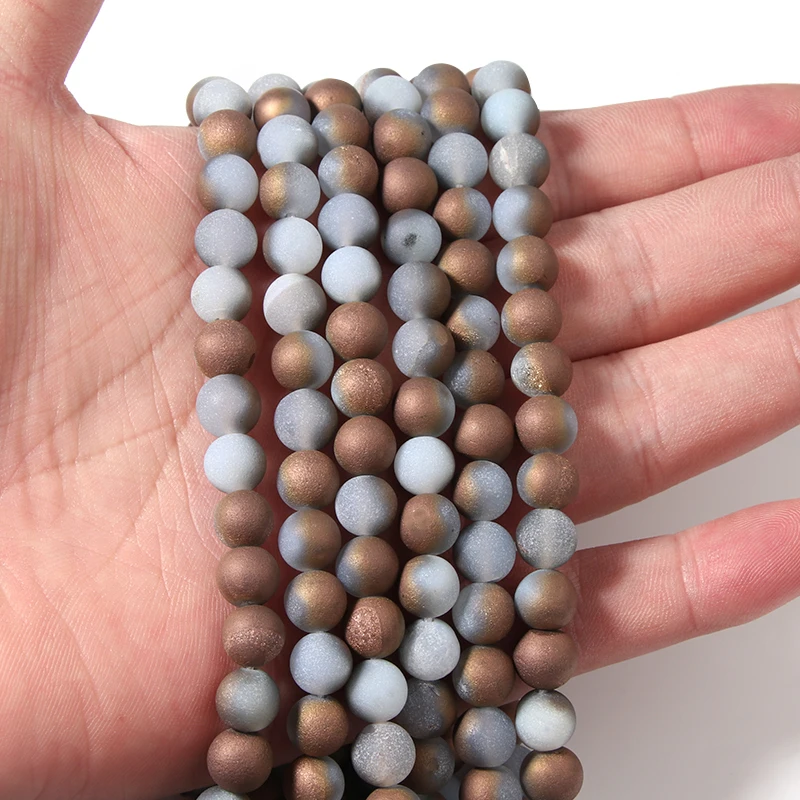 

Beadtales Natural Plating White Brown Stone Beads Round Matte Agate Beads For Jewelry Needlework Beads Necklace Bracelet DIY