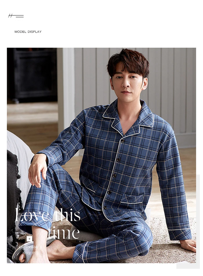 Men Pyjama Set 100% Cotton Spring Long Sleeve Print Men Pajama Suit Autumn Nightwear Collar Pijama Male Sleepwear Two Piece XXXL mens short pjs