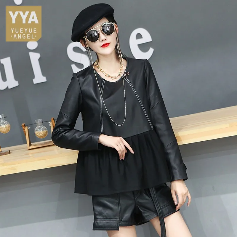 

Женский пуловер из натуральной овечьей кожи, с круглым вырезом и длинным рукавом