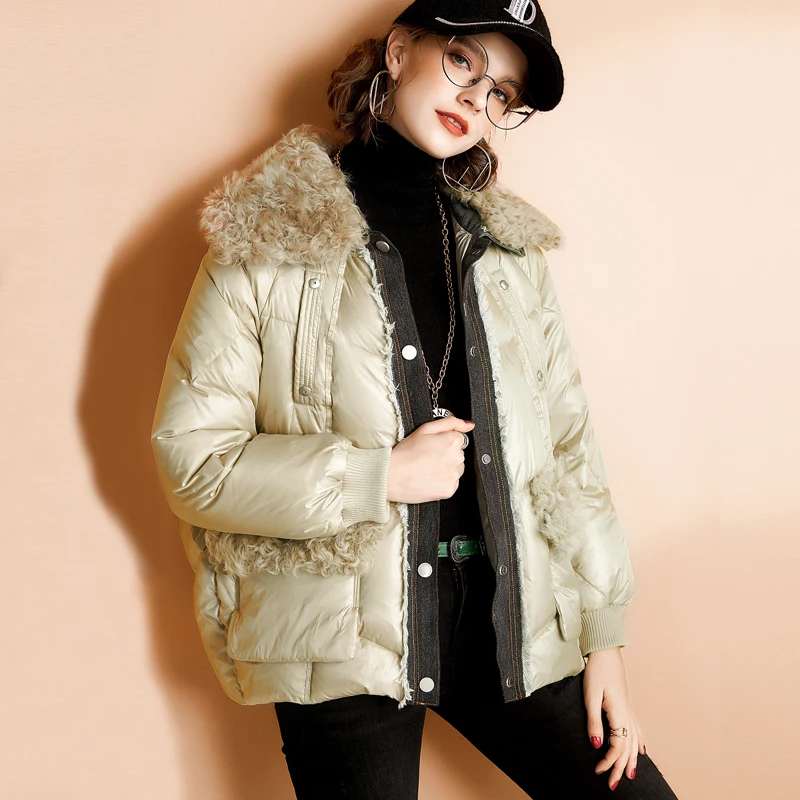 Женский пуховик с натуральным мехом Janveny зимняя короткая пуховая куртка на 90%