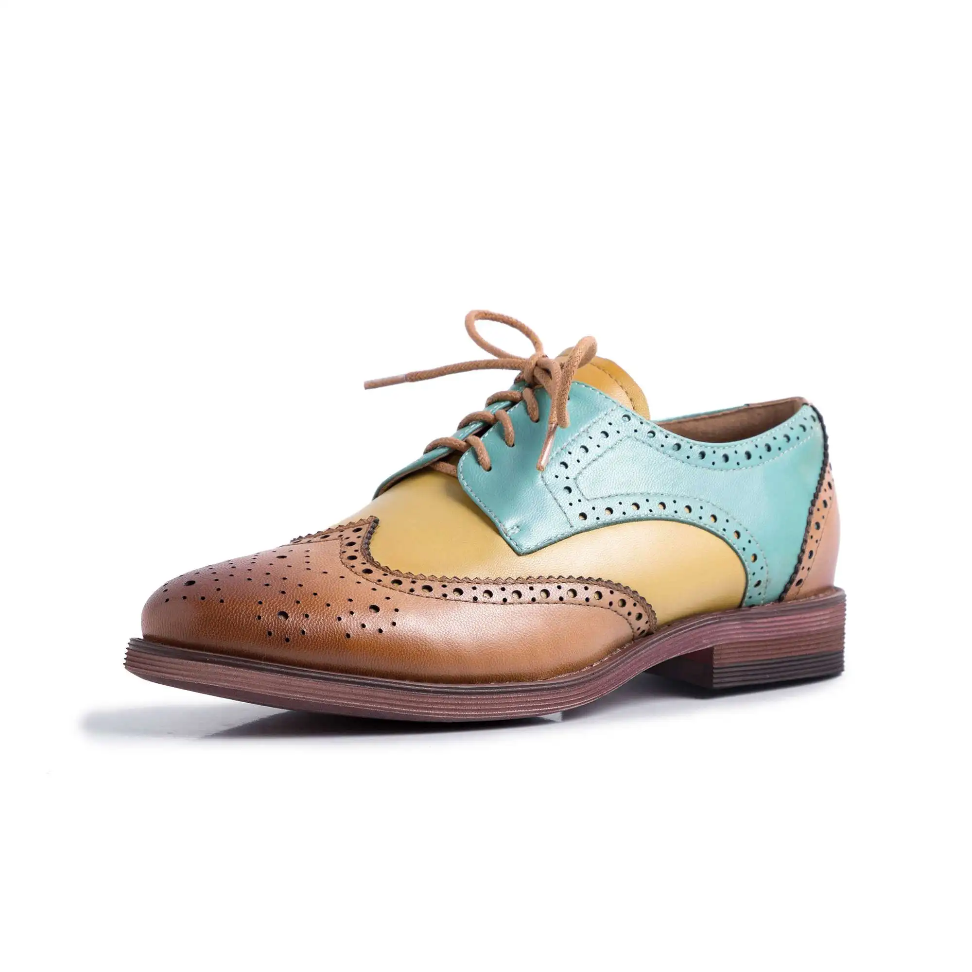 brown and sky blue Krazing Pot/женские туфли-лодочки из коровьей кожи на толстом низком каблуке, с круглым носком, в винтажном стиле, смешанных цветов, со шнуровкой, нейтральная Осенняя обувь, L85 - Цвет: brown and sky blue