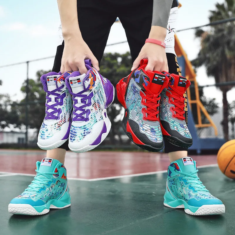 Outdoor Winter PU Trainers Basketball Shoes Men White Purple Lace Up Damping Mens Shoes Sports Shoes Proffessional Bambas Hombre