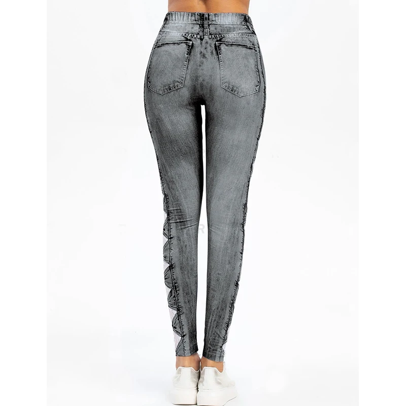 Women Denim Jeans 3D Print Lace Bowknot Skinny Jean Jeggings High Waist Ninth Pencil Pants Slim Leggings Distressed Trousers | Женская