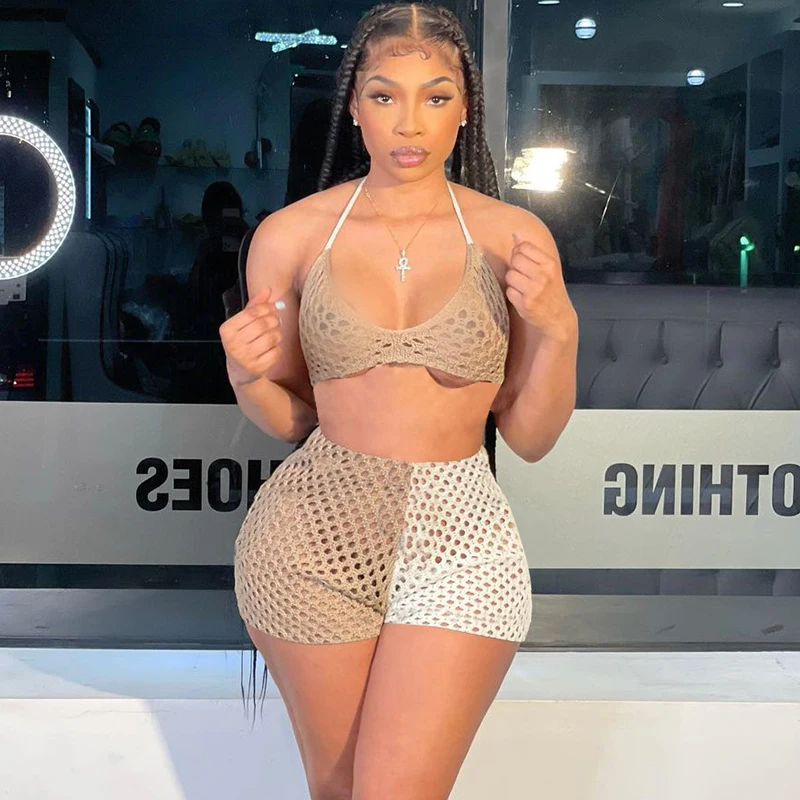 

BIIKPIIK Hollow Out Contast WOmen 2 Piece Sets Skinny Summer Female Suits Casual Lounge Wear Baaic Matching Set Evening Clubwear