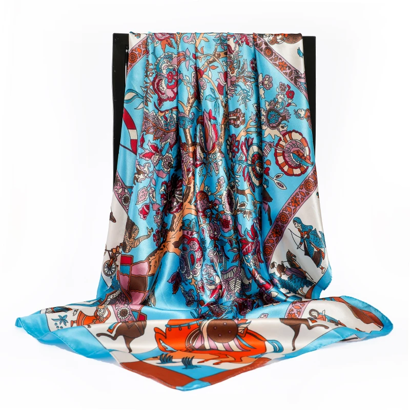 

2021 Fashion Euro Tree Flowers Print Silk Square Scarf Women Shawl Good Quality 90 X 90cm Big Size Imitated Silk Satin Hijab