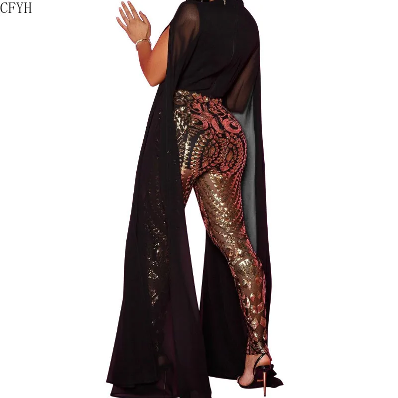 

Sexy Women Jumpsuits 3 Color Solid Sequins Deep V-neck Cloak Sleeve Ladies Rompers