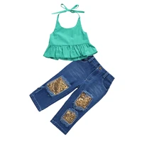 2 7years fashion toddler baby girls clothes sets green sleeveless topssequined denim pants 2pcs summer girls clothing