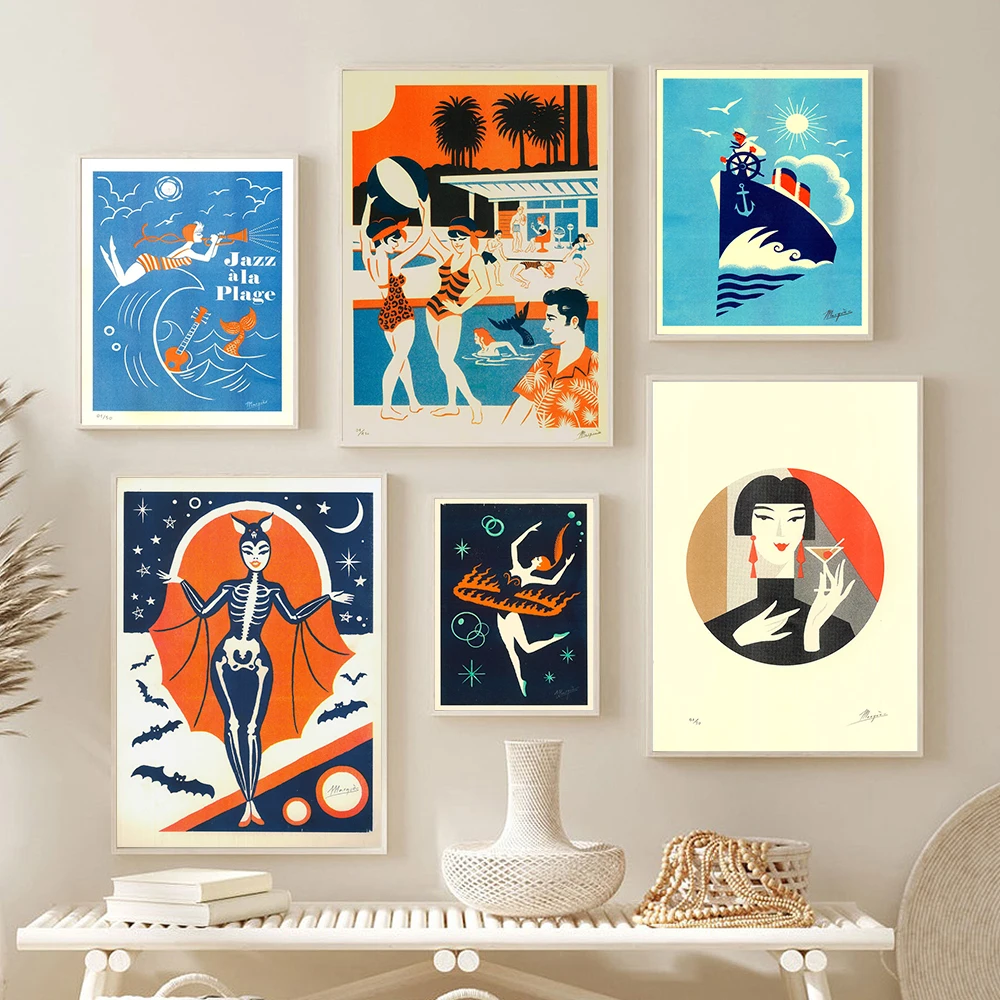 

Retro Cartoon Abstract Fire Dancer Poster Print Pool Party Cocktail Wall Art Picture for Kitchen Room Nordic Decor Canvas Cuadro