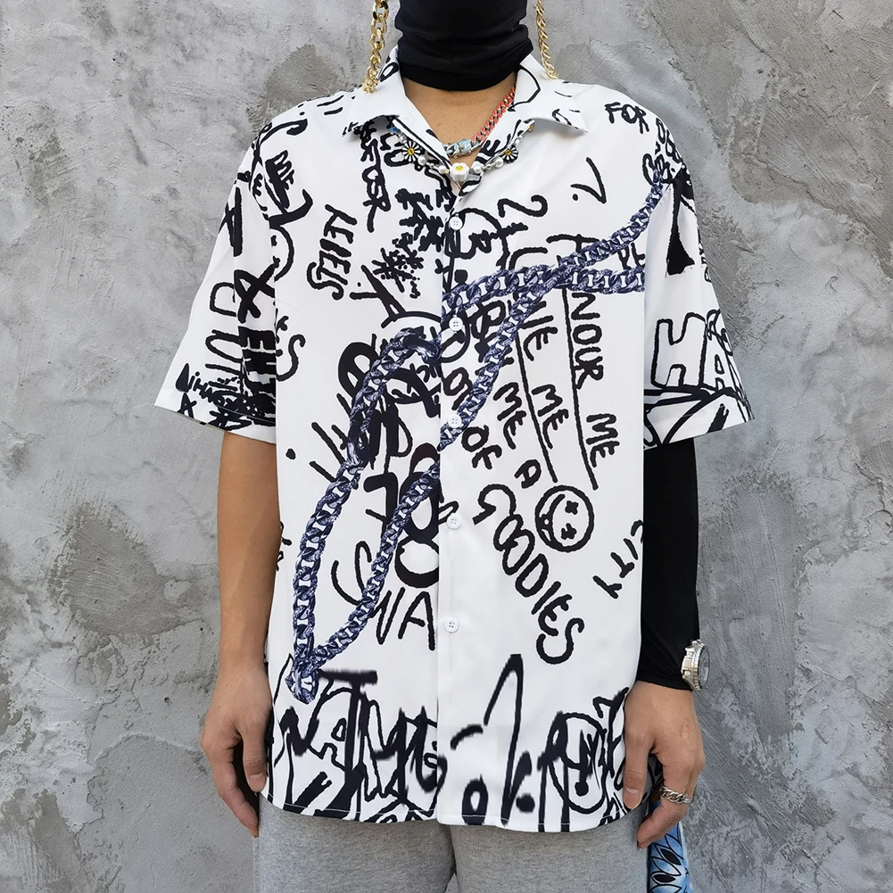 

VFIVE UNFOUR Mens Shirts With Letter Digital Printing Short Sleeve Men Shirts Vintage Style Loose Fit Men Hawaiian Shirt