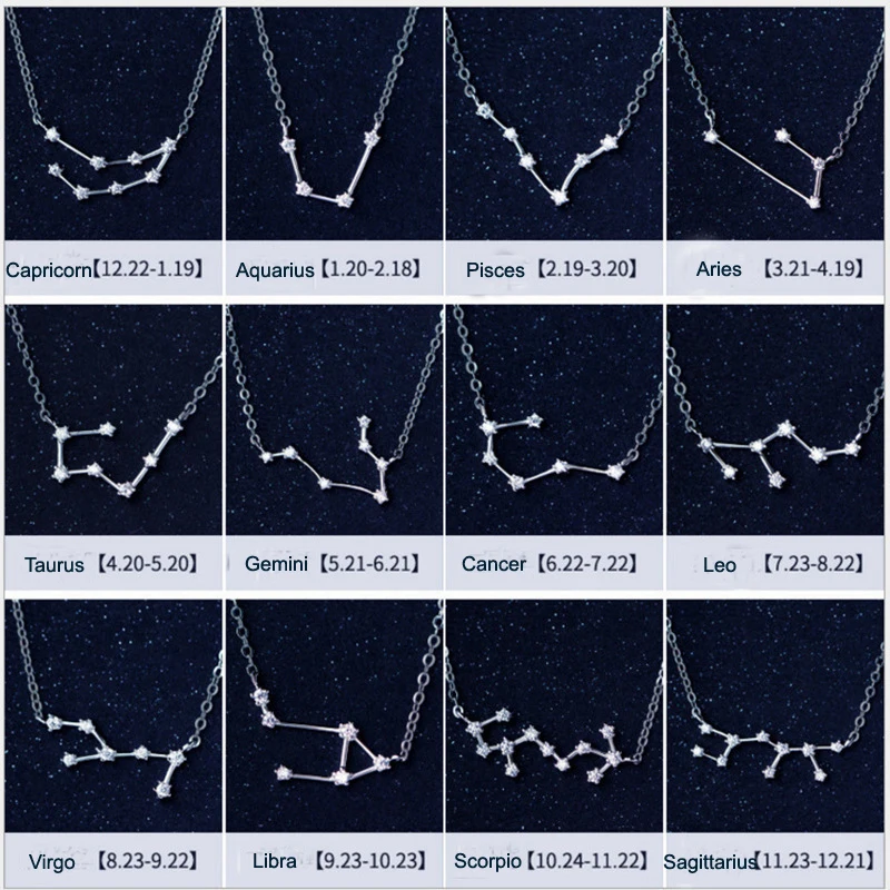 

S925 Silver 12 Star Zodiac Zircon Horoscope Astrology Galaxy Constellation Sign Necklace for Women Jewelry Birthday Gift