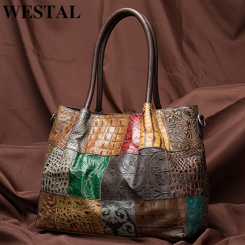 WESTAL women totes/handbags genuine leather patchwork design shoulder bags for women's leather bags designer ladies handbags