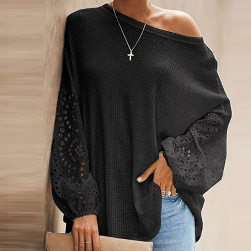 

2021 Autumn Elegant Long Sleeve Hollow Out Shirt Sexy Skew Collar Women Blouses And Tops Office Lady Solid Loose Pullover Blusas
