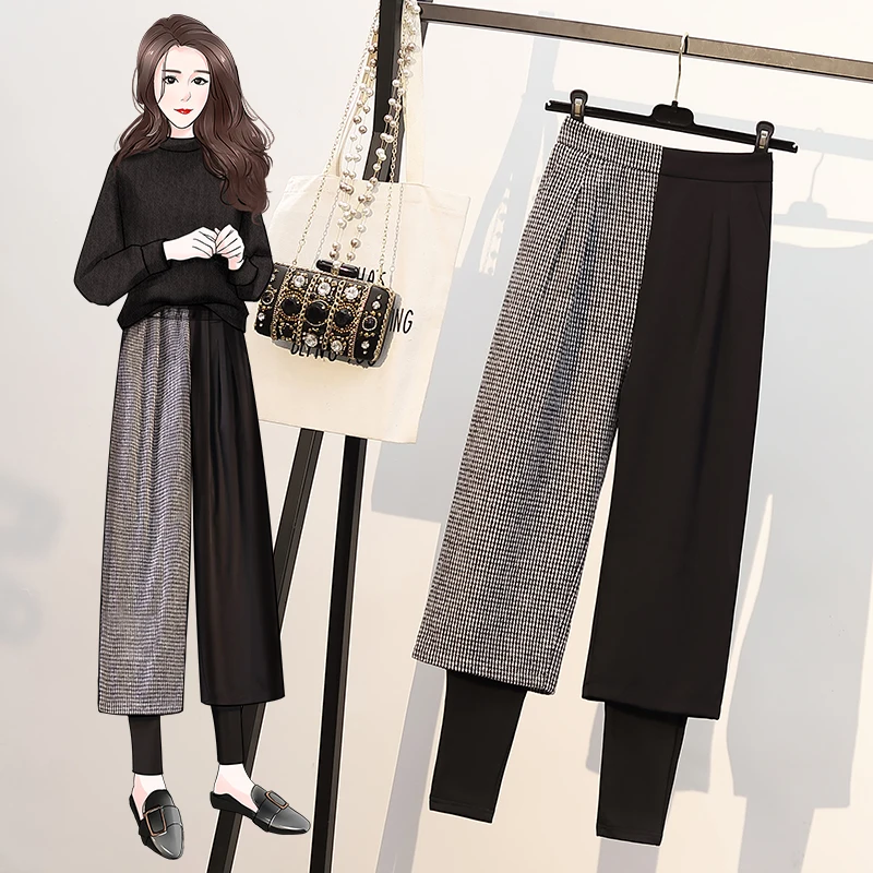 

Plus Fleece Fake Two Woolen Pants Women Autumn Winter High Waist Casual Patchwork Straight Pants Plus Size Clothes For Womens
