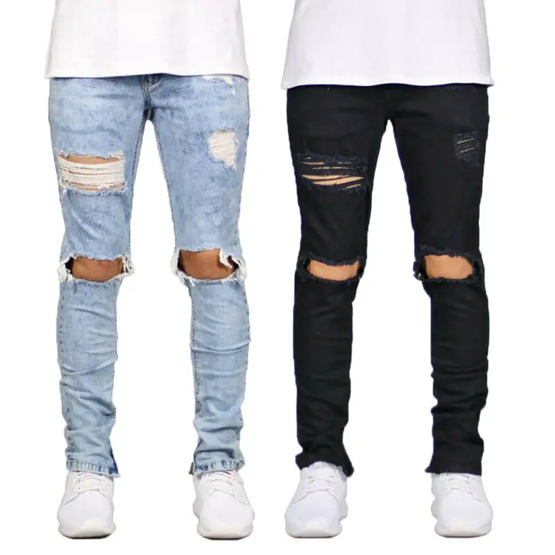 

New Men Running Pants Ripped Skinny Jeans Destroyed Frayed Biker Slim Fit Denim Pants Long Solid Trousers Hole Gym Sports 2020