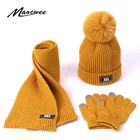Комплект из трех предметов: шапка, шарф и перчатки, вязаная шапка с двойным помпоном, теплый детский костюм с шарфом и перчатками, Осень-зима
